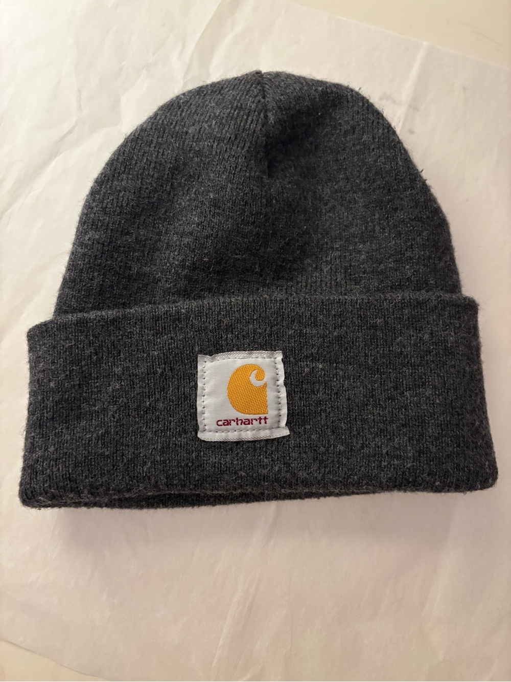 Carhartt Charcoal Knit Cuffed Beanie with Yellow Logo Patch